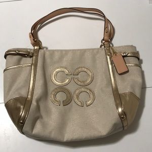 Coach Sparkly Beige canvas & Gold leather Tote